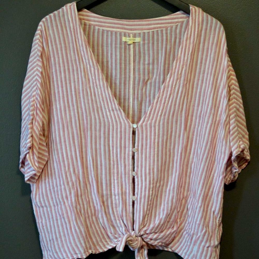 Striped V Neck Batwing Blouse / Tie Front / Size L